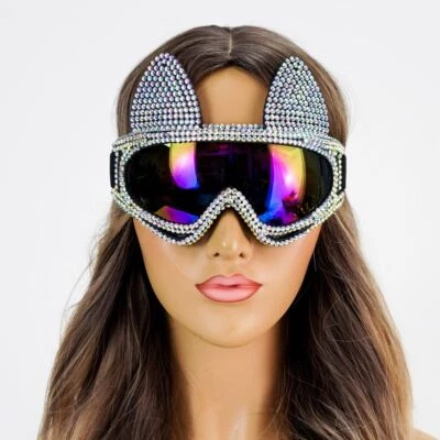 Rhinestone Ski Mask Goggles Glasses Masquerade Bling Bunny Rabbit Party Cosplay