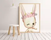 Baby, Girl Nursery Bedroom Wall Art decor Boho Floral Smiling Bunny Print series