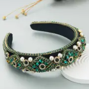 Women Padded Rhinestone Headband Baroque Crystal Hairband Pearl Hair Hoop Green