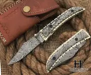 HUNTEX Handmade Damascus Blade, Exotic Damacsus Handle Straightback Pocket Knife