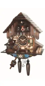 Quartz Cuckoo Clock with Musik Black Forest house with moving b.. EN 464 QMT NEW