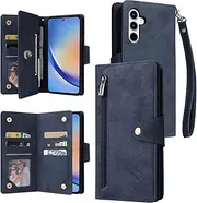 [YocoverTech] for Samsung A35 5G Case,for Galaxy A35 5G Wallet Case[6 Card Slots and 1 Zipper Coin Pocket] PU Leather Stand Flip Cover with Wrist Strap[6.6"]-Blue