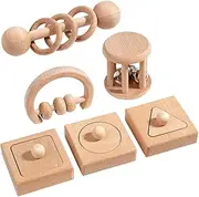GALPADA 1Set Montessori Wooden Rattle Puzzle for Boy Girl Geometric Shapes Matching for Early Education Sensory Development and Hand Eye Coordination