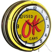 19" O.K. Used Cars Double Neon Advertising Clock Garage Decor (Yellow)