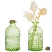 Set of 2 Vintage Design Embossed Green Glass Bottle with Cork Lid