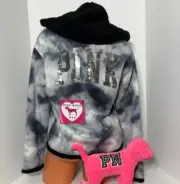 Victorias Secret PINK Logo Reversible Sequin Sherpa Hoodie Bling Full Zip Gray