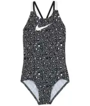 Nike L48541 Kids Grey Cheetah Spiderback One-Piece Swimsuit Size Large 12-13 YRS