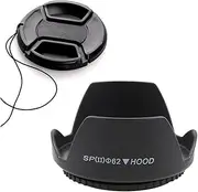 FANZR 62mm Tulip Flower Lens Hood & Lens Cap Compatible with Pentax K, Nikon F, Sony E, Sigma SA, Tamron Mounts, Black, Plastic, Injection Molded, Zoom, Fixed Focus, 7.5:1, 18-135mm