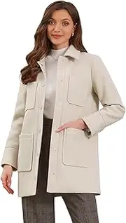 [Allegra K] Work Short Coat for Women's Turn Down Collar Single Breasted Long Sleeve Winter Coat with Pockets