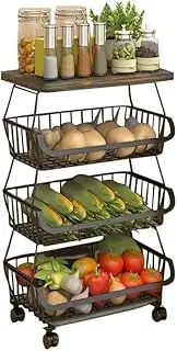 Baotkere 4 Tiers Shelf Metal Wire Baskets with Wheels, Kitchen Organizer, Stackable Storage Bins, Fruit and Vegetable Cart, Bathroom Tableware Rack