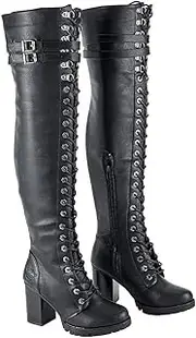 [Dream Apparel] Women's Faux Leather Over The Knee Thigh High Boots, Black Lace Up Knee High Boots With Chunky Heel, Sexy Biker Boots with Buckle