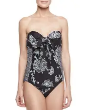 ATHENA OCEAN PARK UNDERWIRE BANDEAU ONE PIECE SWIMSUIT BLACK FLORAL SIZE 10 $105