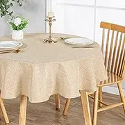 JIUZHEN Round Table Cloth Faux Linen Farmhouse Tablecloth Wrinkle and Stain Resistant Decorative Fabric Table Cover for Kitchen, Dining Room, Parties and Camping, Beige, 90 Inch Round