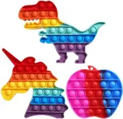 POP BUBBLE FIDGET STRESS RELIEF SQUEEZE TOY, DINOSAUR UNICORN & APPLE, PACK OF 3