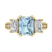 4.27Ct Emerald Cut Natural Sky Blue Topaz 18k Gold Three Stone Engagement Ring
