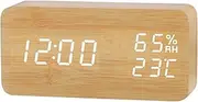 Daseeme Desk Wooden Alarm Clock with Day Date Temperature Humidity Adjustable 3 Brightness Voice Control Indoor Thermometer Hygrometer for Greenhouse Garden Cellar