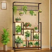BACEKOLL Tall Plant Stand Indoor with Grow Lights, 6 Tiered Large Plant Shelf, Corner Metal Display Rack, Square Lighted Flower Holder for Living Room, Patio (Black)