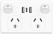 4C | Deluxe Double Power Point 240V 10A with 5V 2 x 2.4A and 3A Type C USB Charger (Total 7.8A) | Horizontal