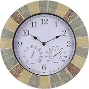 14in Large Outdoor Waterproof Wall Clock, Retro Garden Resin Wall Clock with Temperature and Humidity Meter, Silent Battery Operated Outside Decorative Clock for Patio Bathroom Kit