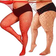 [ANNTXL] Plus Size Fishnet Tights Sparkly Stockings Glitter Pantyhose Hosiery with Diamond-2 Styles