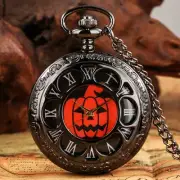 Pumpkin Dial Quartz Pocket Watch Necklace Chain Roman Number Halloween Kids Gift