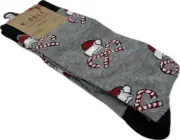 K Bell Adult Grey Black Crew Polyester Cushion Santa Hat Candy Cane Socks 10-13