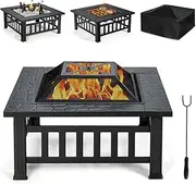Costway 32” 3-in-1 Fire Pit, Outdoor Kitchen Charcoal BBQ Table Grill, Square Stove Bonfire Wood Burning Fireplace w/Spark Screen Cover&Poker, Patio Garden Camping Heater Ice Bucket