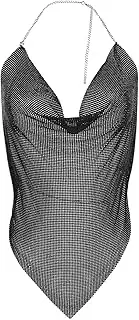 [Holiberty] Women Metallic Sequin Glitter Camisole,Sparkle Sleeveless Deep V-Neck Halter Tops,Sexy Night Club Backless Blouse