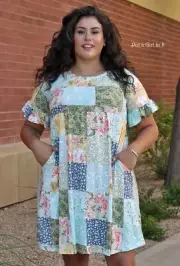 New PLUS SIZE Womens BUTTERY SOFT BLUE PATCHWORK POCKETS DRESS 1X 2X 3X USA