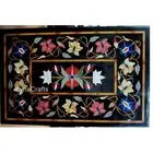 Living Room Table with Pietra Dura Art Rectangle Black Marble Dining Table Top
