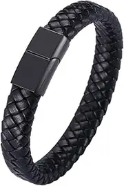 [Generic] Leather Bracelet for Men Braided Cuff Wristband Stainless Steel Clasp in Silver and Gold Jewellery Gift