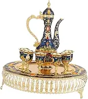 Yajuyi Turkish Coffee Cup and Tea Pot Set Turkish Teapot Set Teapot Tea Tray 6 Metal Cups, Blue