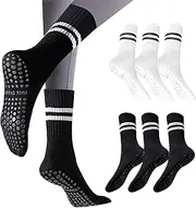 [QMLING] 6 Pairs Non Slip Pilates Socks, Cotton Yoga Socks for Women and Men, Sweat Absorption Breathable Pilates Grip Socks, Mid-length Grippy Sock for Fitness Ballet Dance Sports, Black, 7 US