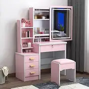Dressing Table with LED Lights Mirror, 3 Colors with Adjustable Brightness,Vanity Desk Set with 4 Drawers and Cushioned Stool,Modern for Women Girls Bedroom(Pink)