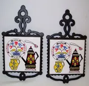 Vintage Cast Iron Tile Trivets NORWAY Souvenirs Iron Base & Tiles Kitchen Theme
