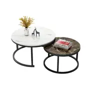 Foret Coffee Table Nesting Side 2pc Set 80cm Tea Marble Tempered Glass Brown White