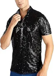Men's Metallic Polo Shirts 70s Disco Short Sleeve T-Shirt Sequins Button Collared Outfits Shiny Nightclub Party Tops