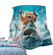 Gvblkq Cat Riding Shark Blanket, Ultra Soft Throw Blanket, Cozy Home Decor for Sofa, Couch, Chair, Large Bed Blanket for Travel and Picnics, Flannel and Polyester Fabric, Warm and Comfortable Design
