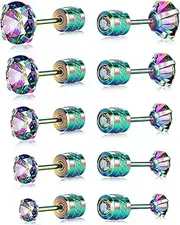 [VOLUKA] Pack of Rainbow CZ Titanium Screw Back Earrings Hypoallergenic
