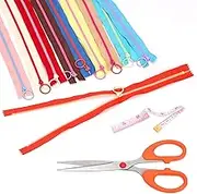 Rustark 12Pcs 14Inch/35CM 10 Colors Nylon Resin Zipper Assortment Kit with Scissor Ruler Zippers with Lifting Ring Pull Resin Zipper Nylon Plastic Zippers Coil Zipper for DIY Sewing Craft Bag Clothing