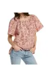 Faherty Florence Organic Cotton Peasant Blouse in Earth Block Print, Size M