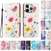 For iPhone 16 15 14 Pro Max Plus Patterned Leather Wallet Case Flip Stand Cover