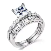 1.25 CT Princess-Cut & Side Baguette CZ Wedding Ring Set in 14K white Gold