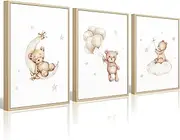 Bear Canvas Wall Art Set of 3 for Baby Boy Nursery - Teddy Bear Prints With Moon, Star, Cloud - Neutral Decor for Girls Children Room - 12x16 Inch Framed