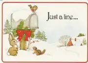 Vintage Postcard Christmas Bunny Chipmunk Bird at Mailbox Drawing Board Unused