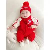 在飛比找ETMall東森購物網優惠-嬰兒冬裝連體衣6個月紅色衣服新年洋氣拜年男寶寶加絨加厚外出服