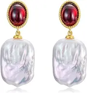 [BETHZA] Garnet Dangle Earrings 12mm Gold Plated with Natural Pearl 925 Sterling Sliver Natural Garnet Stud Earrings Natural Baroque Pearl Earrings for Women Girls Women Wife, Garnet, Garnet