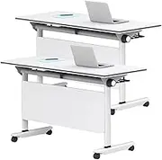 YVYKFZD Folding Conference Table, Mobile Flip Top Training Table, Rolling Conference Room Table with Locking Wheels, White Portable Meeting Table, for Schools Companies(2PCS,62.9"x23.6"x29.5")