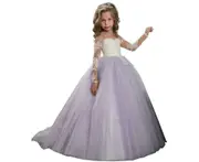 Lace Embroidery Sheer Long Sleeves Kids Trailing Gowns Birthday Party Dress-Purple