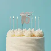 Cake & Candle 16th Cake Topper and 12cm Cake Candles 12 Pack Silver